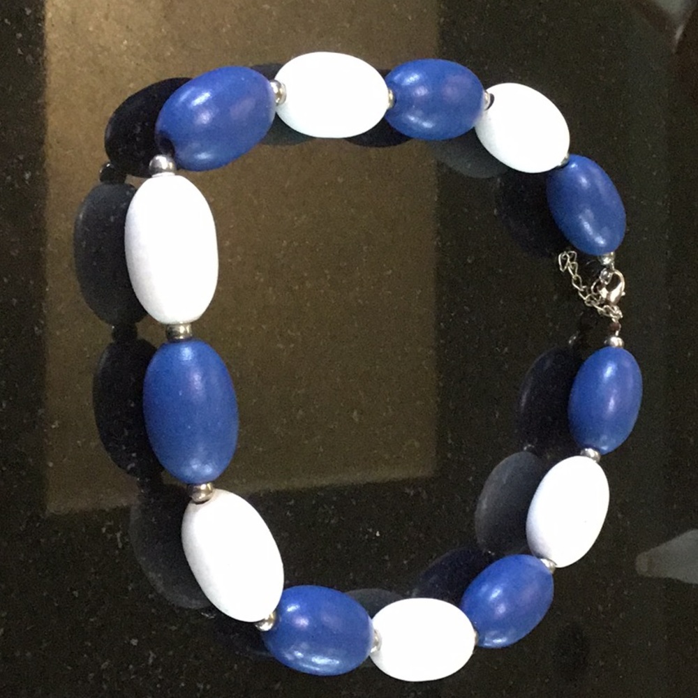 Wooden blue and white bead necklace